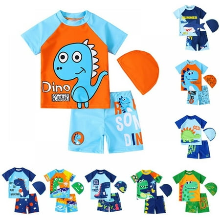 

GYRATEDREAM 1-6Y Kids Boys Two Piece Swimsuit Bathing Suit Short Sleeve Sunsuit Swimwear Set with Cap