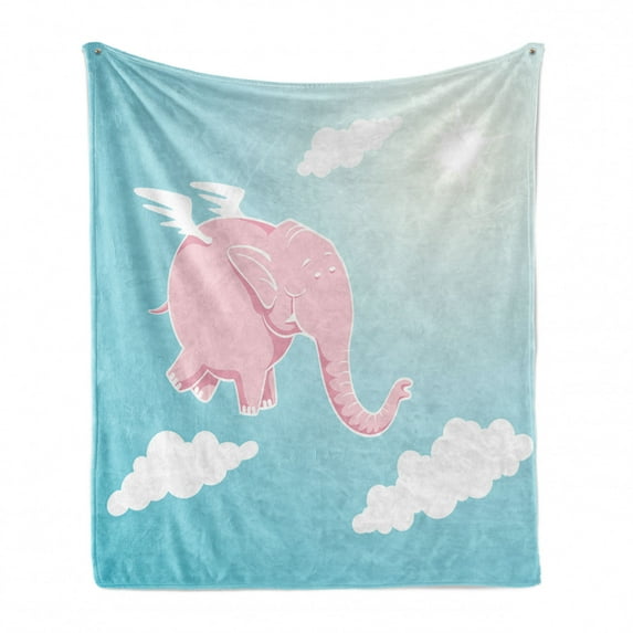 Cartoon Soft Flannel Fleece Throw Blanket, Pink Flying Through the Sky Happiness Freedom and Fantasy, Cozy Plush for Indoor and Outdoor Use, 50" x 70", Pale Pink Pale Blue, by Ambesonne