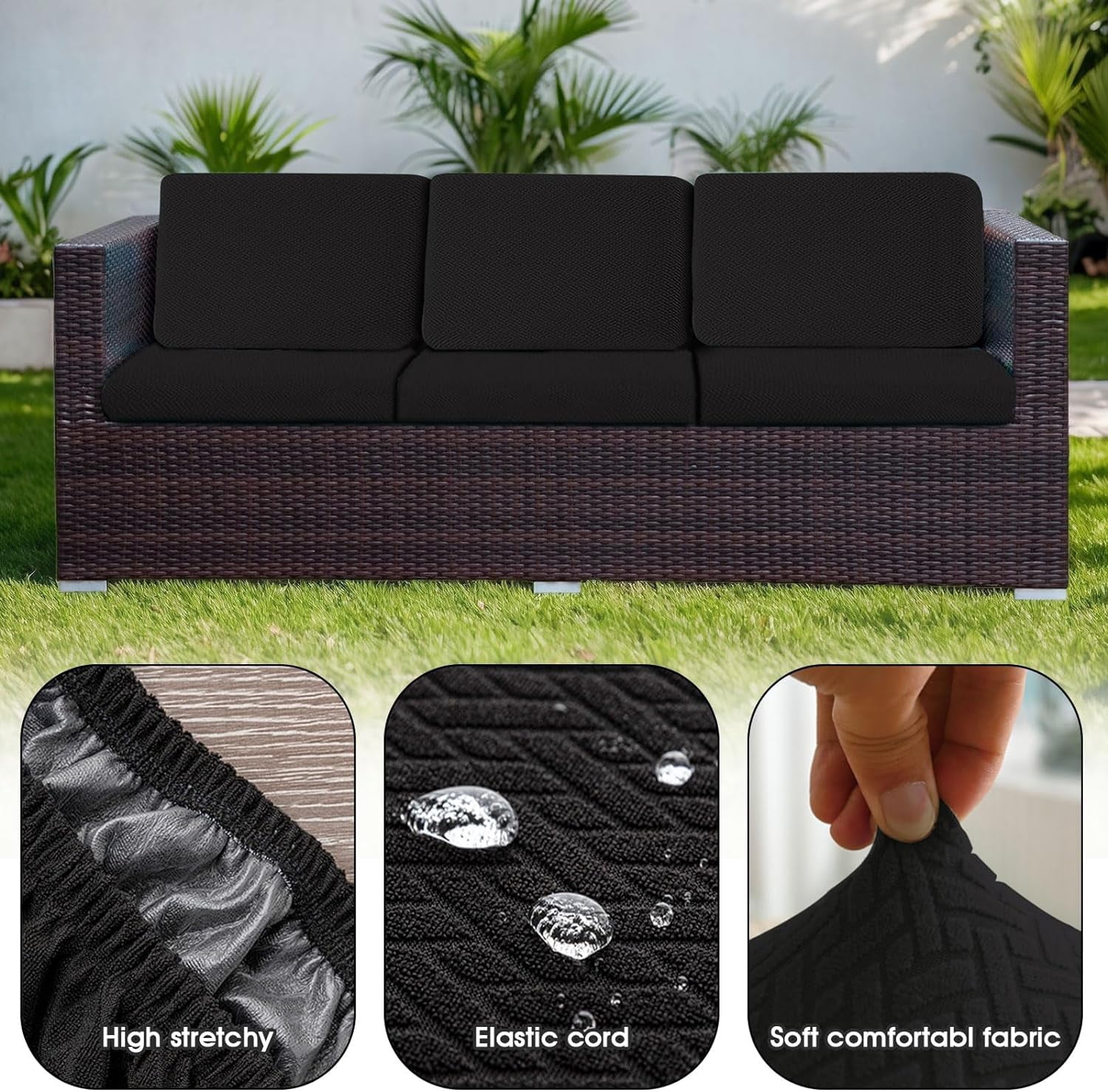 3 Pack 100% Waterproof Patio Sofa Cushion Covers, Stretch Outdoor/Indoor Individual Seat Cushion Cover Furniture Protector Sofa Slipcover, Black