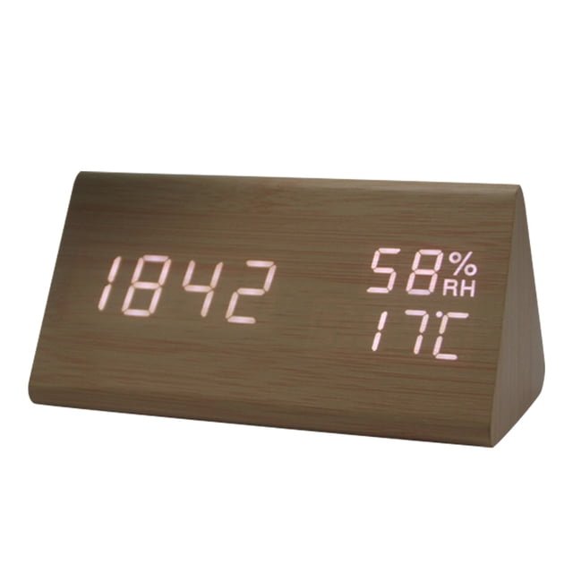 Binwennn New Temperature And Humidity Multifunctional Silent Alarm Clock LED Wooden Clock Student Electronic Clock Bedside Desk Multifunctional Alarm Clock White Letter Model 12v Timer Bookmark with