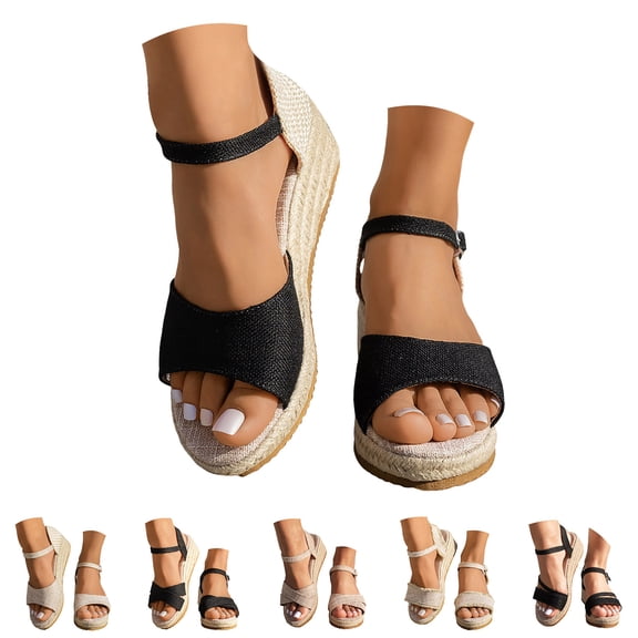 Dakaela Womens Espadrilles Wedges Sandals Open Toe Ankle Strap Slip on Shoes Comfortable Platform Summer Beach Sandal Black 6.5