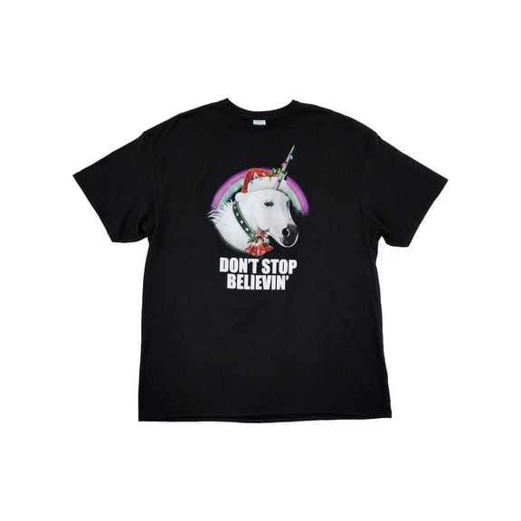 Mens Black Unicorn Santa Hat Rainbow Xmas Lights Christmas T-Shirt XXL