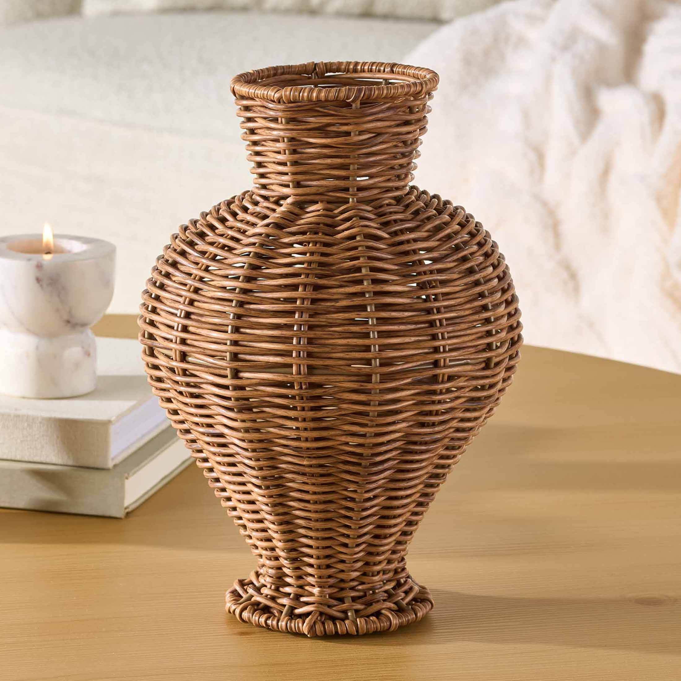 Better Homes & Gardens Woven Faux Rattan Indoor Vase, 10", Brown
