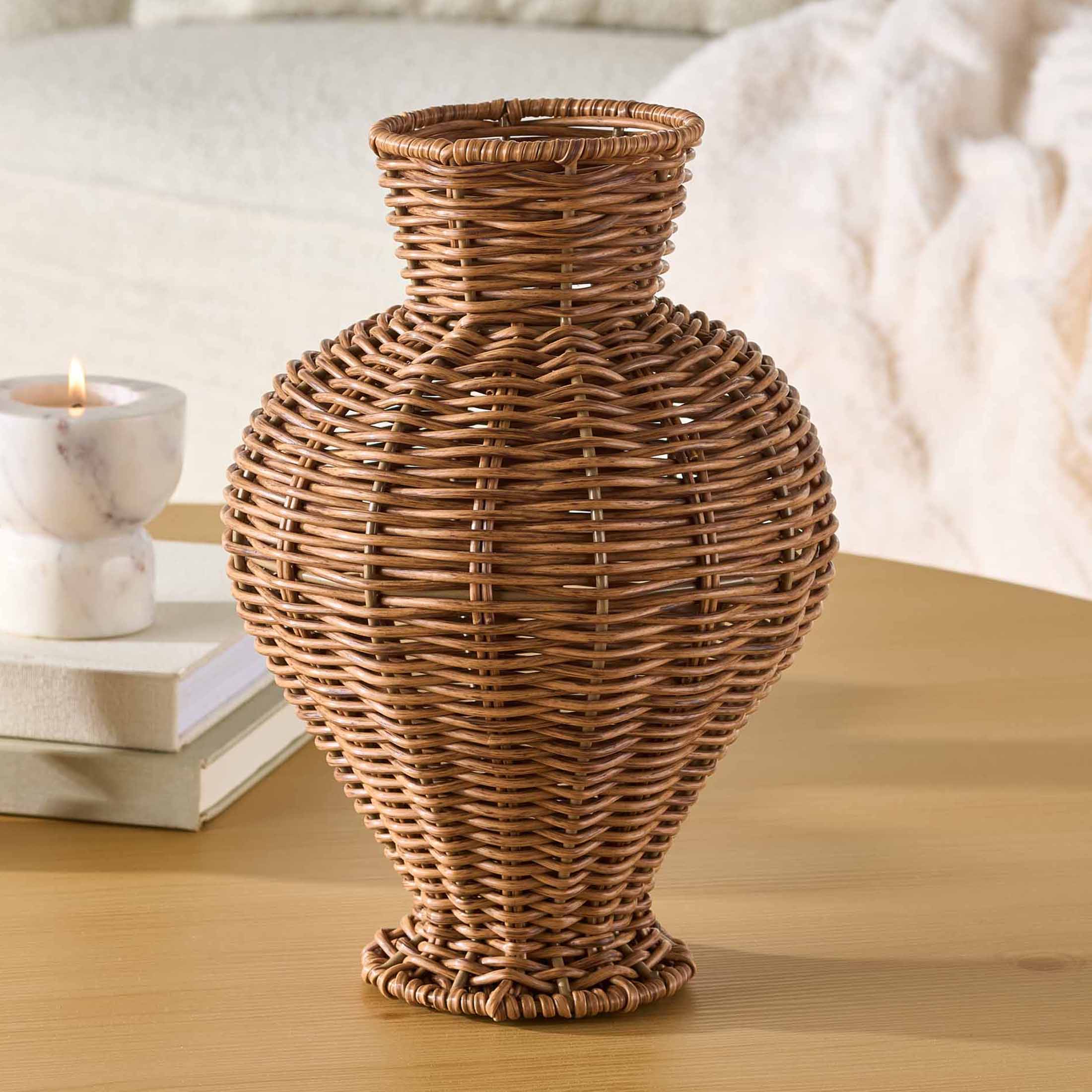 Better Homes & Gardens Woven Faux Rattan Vase, 10 In, Brown photo 2