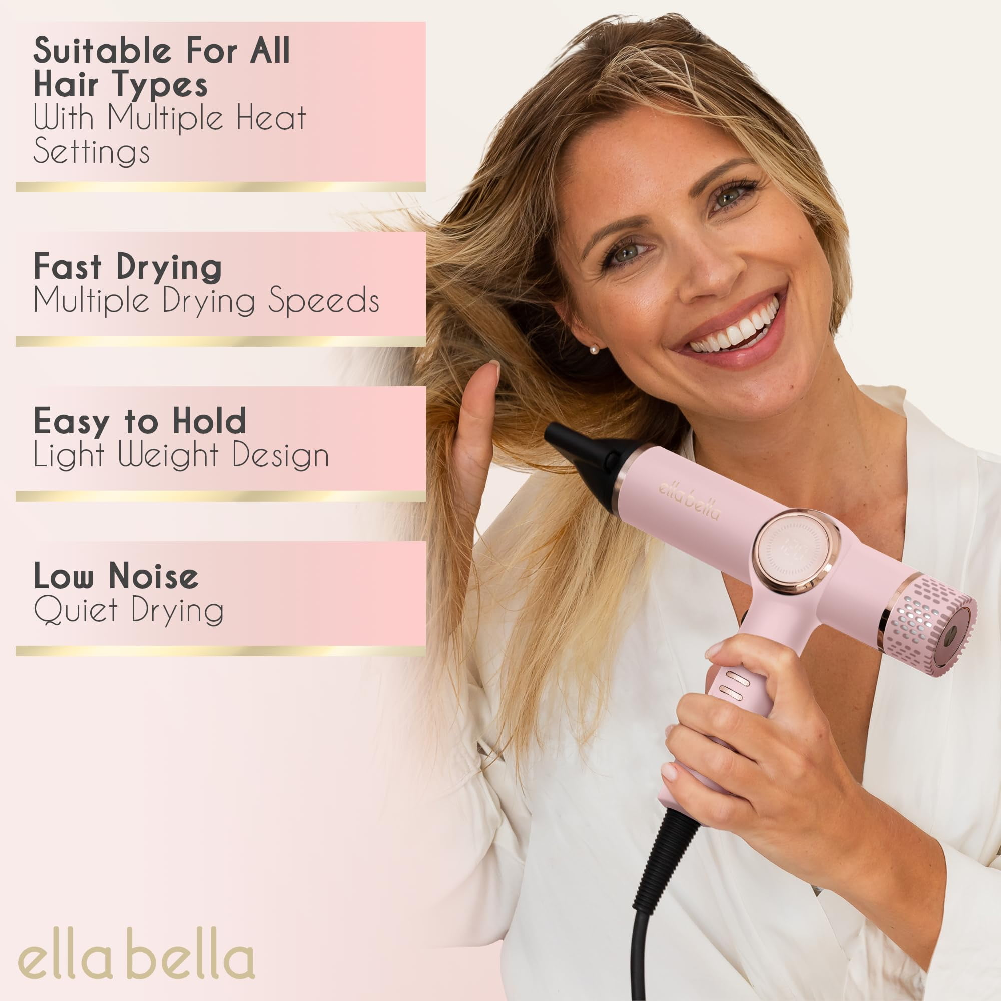 ELLA BELLA® Professional Ionic Hair Dryer with Diffuser, Negative Ion Blow Dryer, Suitable All Hair Types • Intelligent Heat Control & Rapid Drying Speeds • Lightweight Design & Low Noise (Pink)