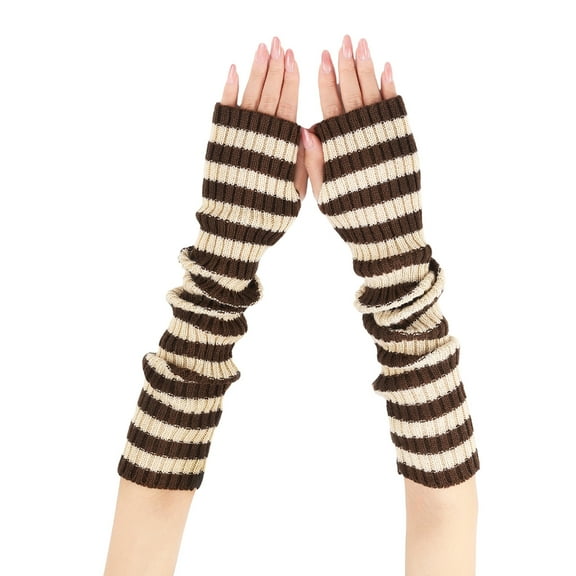 Warm Knitted Fingerless Gloves Long Striped Design For Women Cold Weather Outdoor Activity