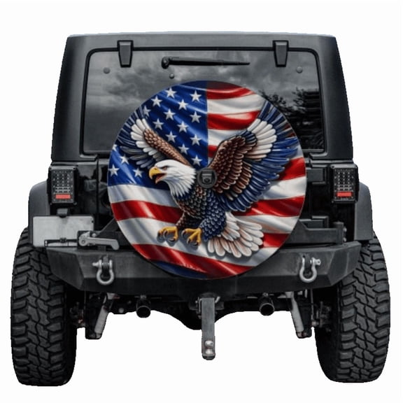 Patriotic Eagle And Flag Spare Tire Cover With Backup Camera Hole 6 Sizes (27 in.)