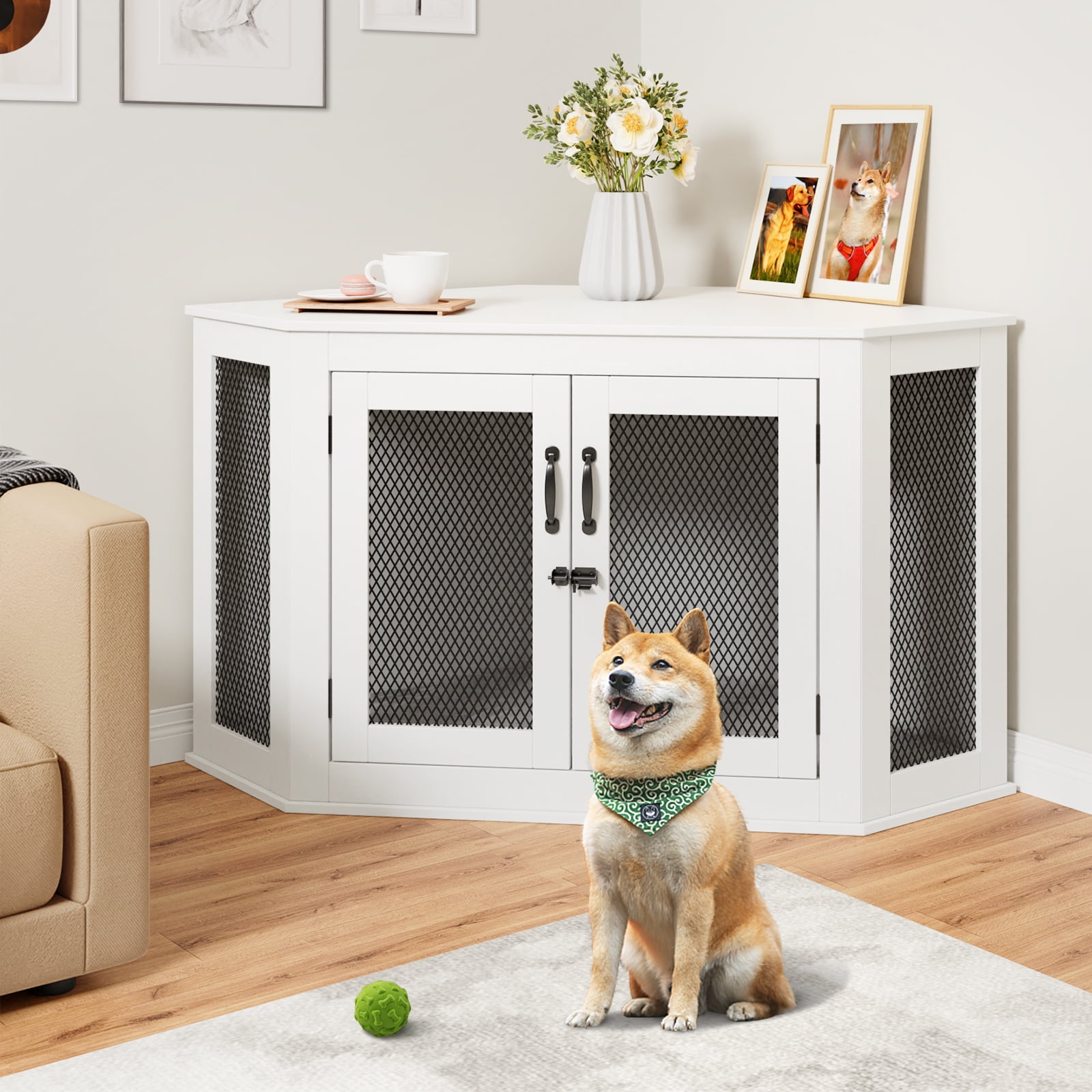 Corner Dog Crate, Dog Kennel Furniture with Cushion, End Table Dog