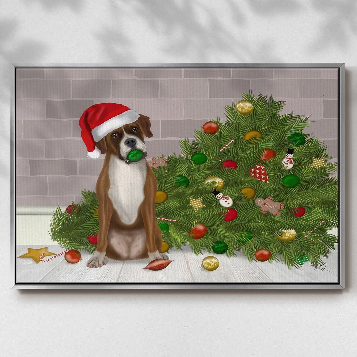 Christmas Boxer and Broken Christmas Tree - Framed Gallery Wrapped Holiday Canvas - 17 x 25 - Silver Frame