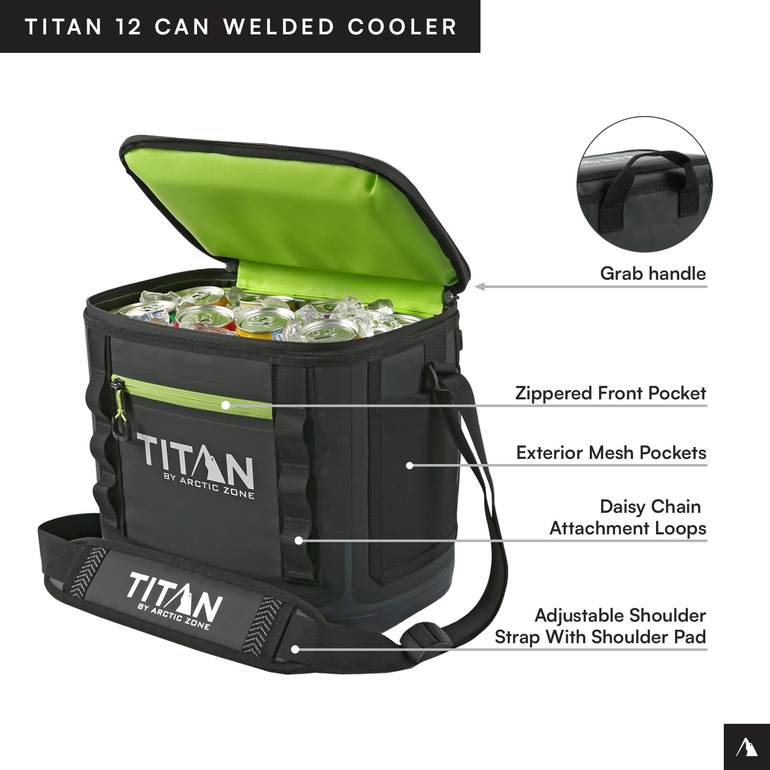 Titan by Arctic Zone 12 Can Waterproof Welded Soft Cooler, 8 Quart, Black/Green