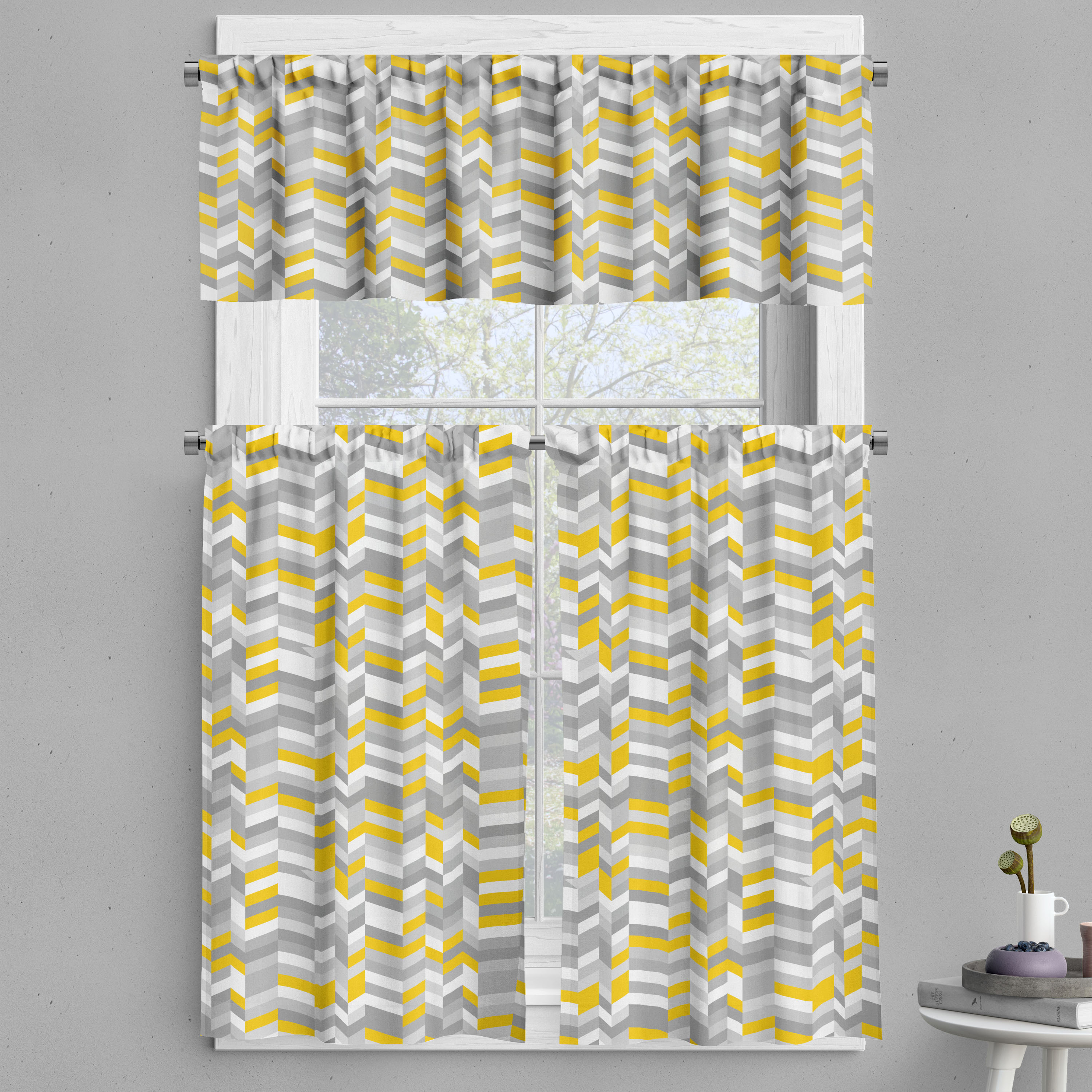 Grey and Yellow Valance & Tier Curtain 3 pcs Set, Geometric Vintage 60s
