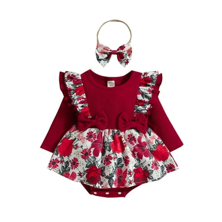 

Amuver 2 Pieces Baby Suit Set Floral Print Round Neck Long Sleeve Ruffle Romper with Skirt Hem+ Headband 0-18 Months