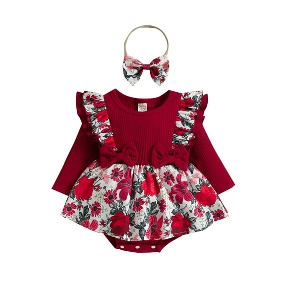 Bagilaanoe Newborn Baby Girl Rompers Dress Floral Print Long Sleeve Bodysuit + Headband 3M 6M 9M 12M 18M Infant Patchwork Ruffles One Piece Jumpsuit