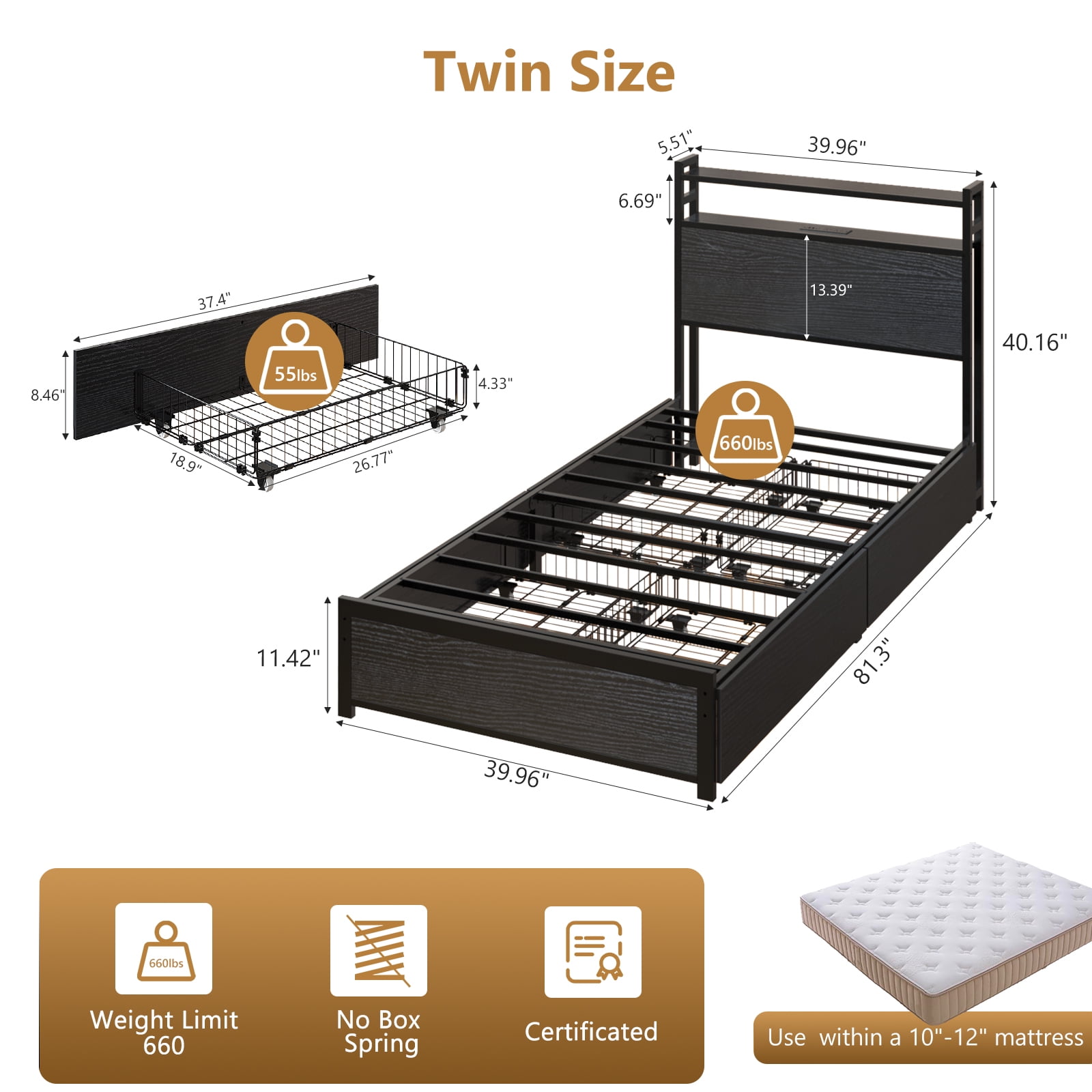 Ktaxon Twin Size Bed Frame with Charging Station & LED Storage Headboard, Metal Platform Bed Frame with 4 Underbed Drawers for bedroom, Gray