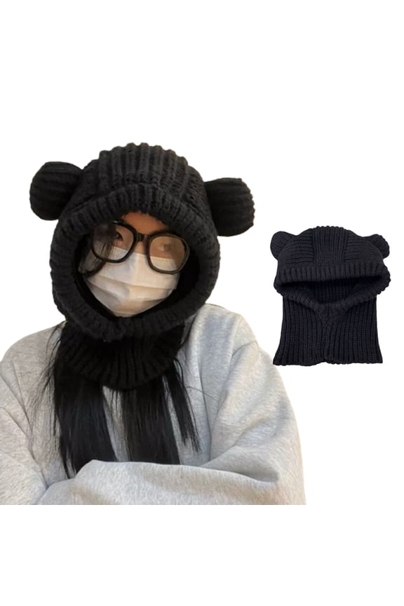 Thicken Balaclava Neck Warmer Scarf with Bear Ear Winter Crochet Hat Winter Gift for Students Teens Halloween Skiing