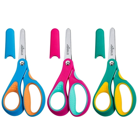 LIVINGO Left Handed Scissors Blunt Tip with Sheath Safety, 3 Pack 5 inches, Green, Blue, Rose Pink
