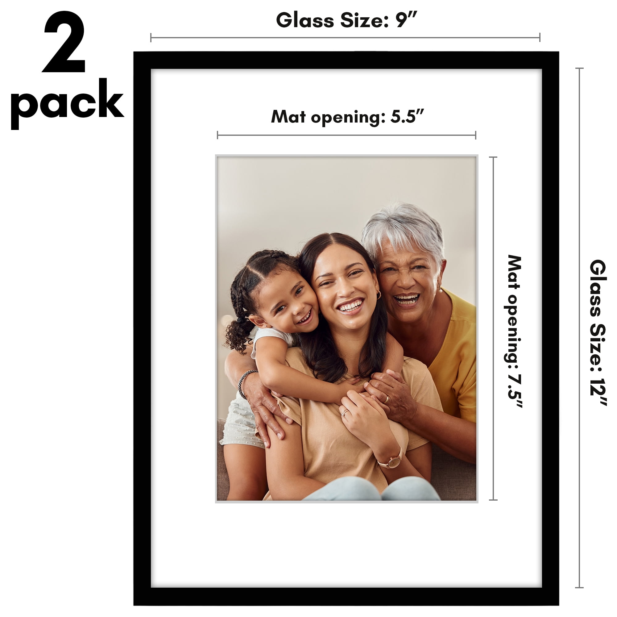 Americanflat 9x12 Picture Frame with Shatter-Resistant Glass with 6x8 Mat 2 Pack Display Photo Wall - Black