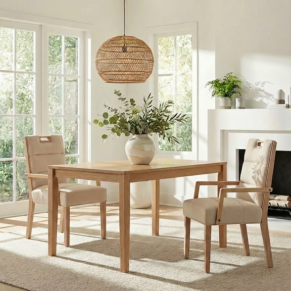 Christopher Knight Home Modern Beige Upholstered Dining Chairs with Armrests, Natural Wood Frame, Set of 2
