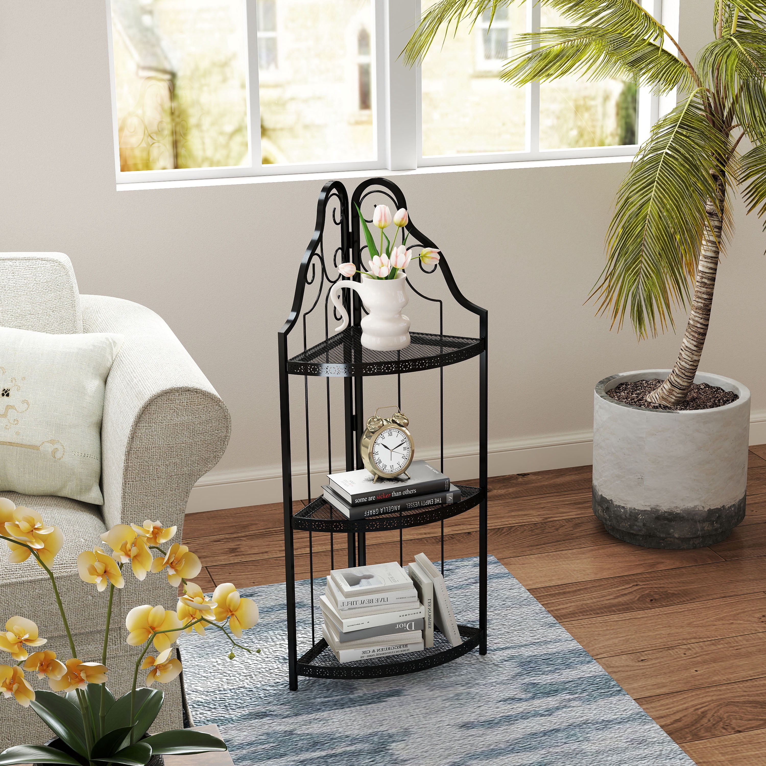 Mintazer 3-Tier Corner Bookcase with Vintage Scroll Design, 40.9" Open Storage Rack for Living Room & Bathroom, Black