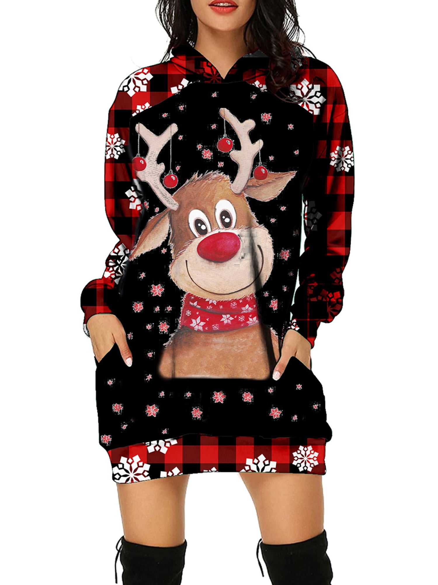 Ma&Baby Women Christmas Dress Long Sleeve Xmas Reindeer Snowflake Print ...