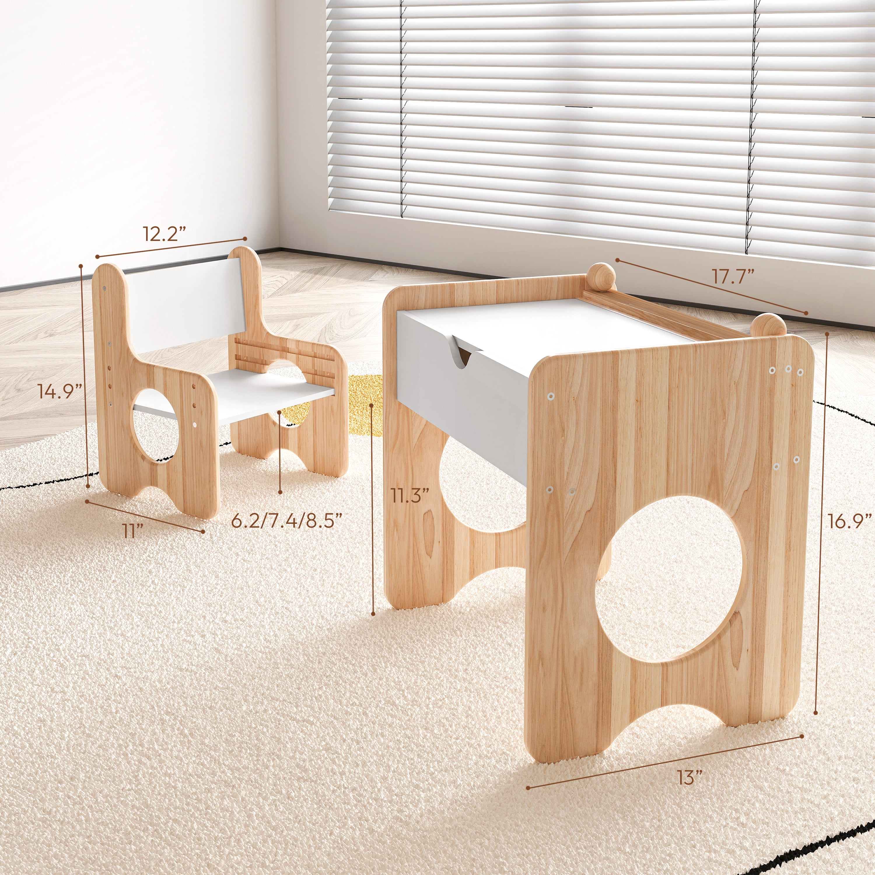 Woodtoe Kids Table and Chair Set with Storage & Chalkboard, Height Adjustable Toddler Chair, Montessori Art Table and Chair Set, Natural Wooden Activity Table, Drawing Dinner Desk for Baby Toddler 1+