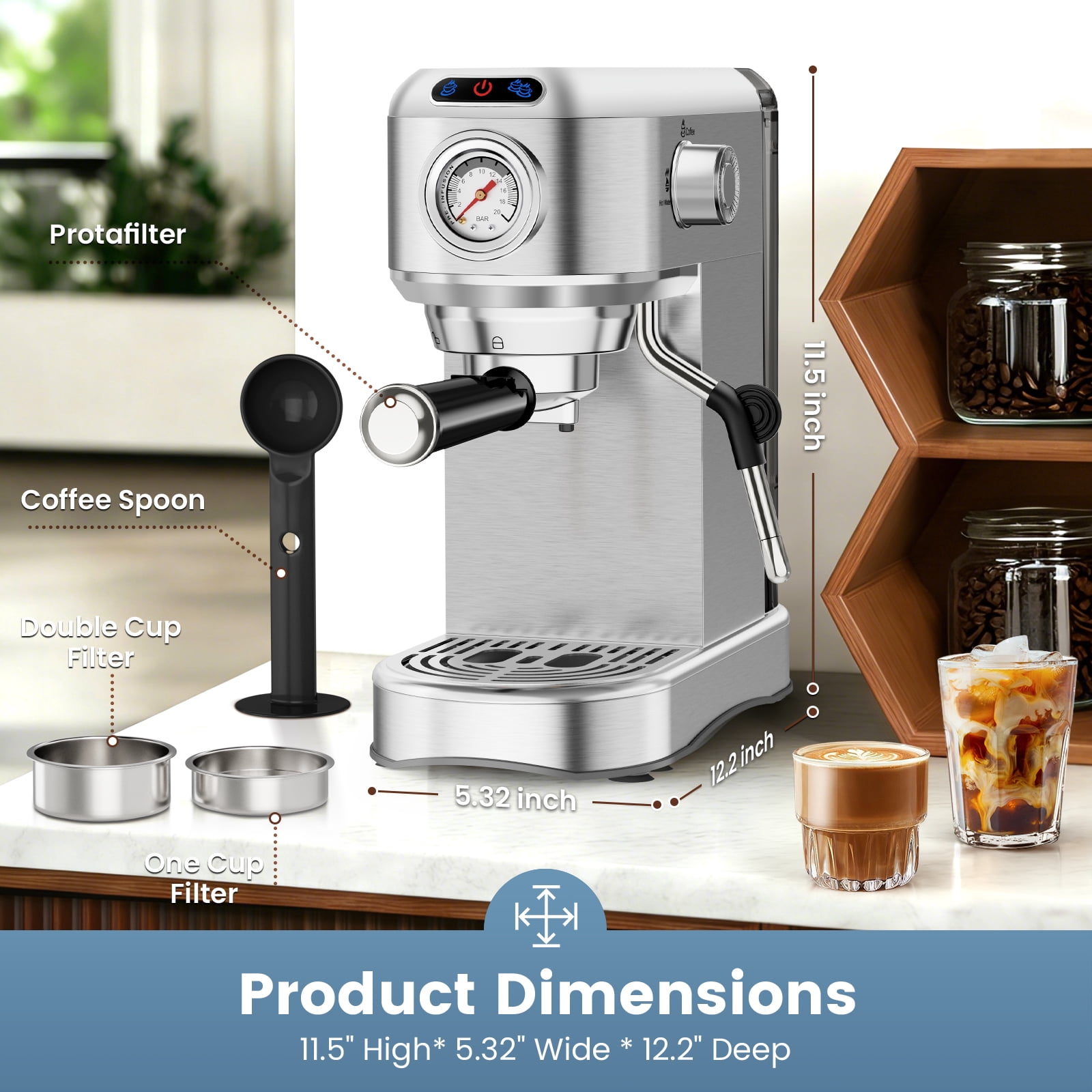 SUDILO 20 Bar Espresso Machine, Stainless Steel Coffee Maker with Steam Frother, 34oz Removable Water Tank, Compact for Home Office, Silver