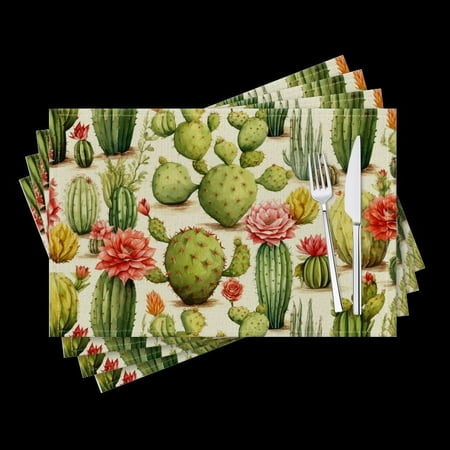 

BaHomeck placemats Set of 4 Cactus Pattern Of Watercolor Illustration Of Various Cotton Linen rectangle Placemats for Kitchen Dining Table Indoor Outdoor 18*12inch