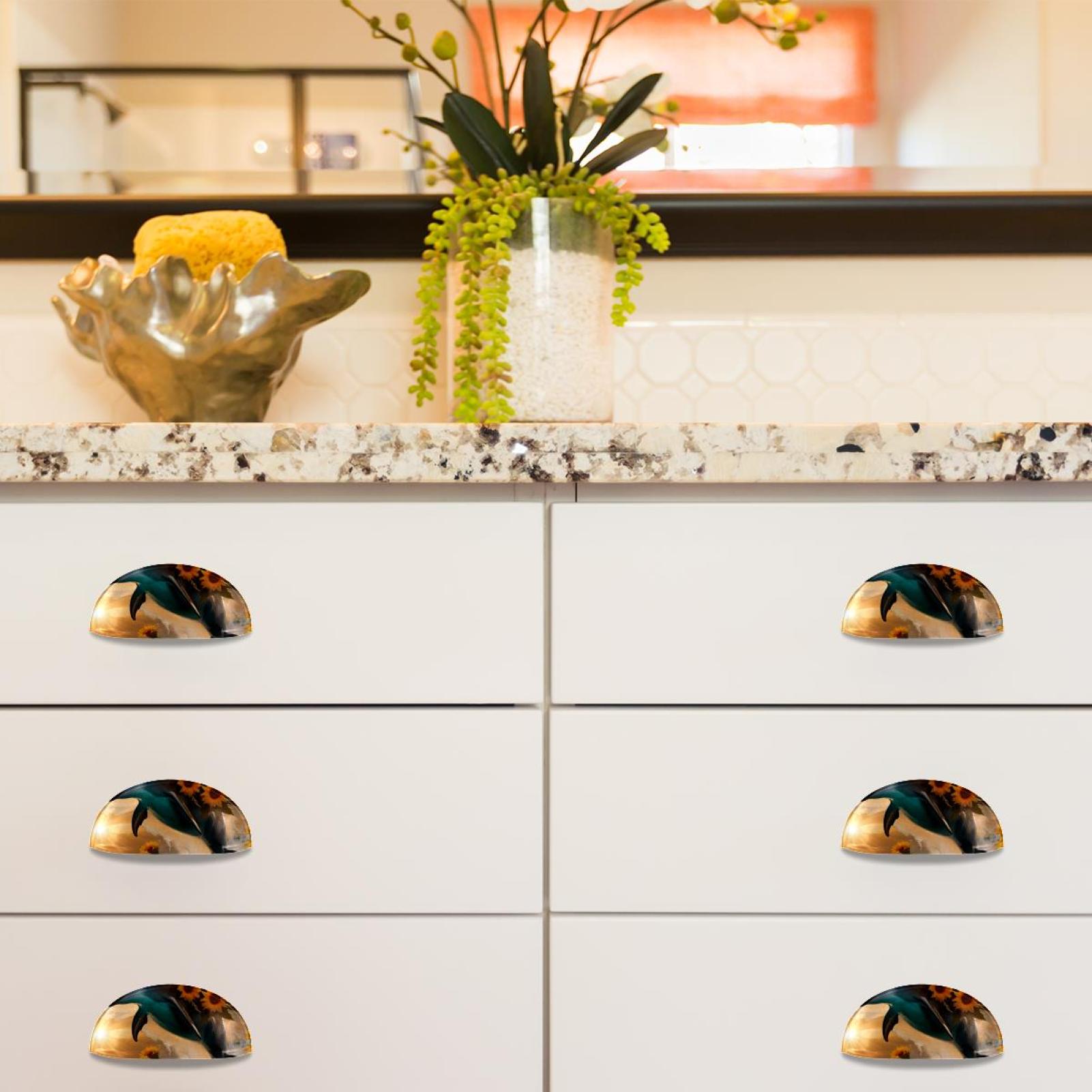 PhooArto 6 Pcs Cup Drawer Pulls, Sea Dolphin with Sunflowers Shell Shape Handles Cabinet Knobs for Dresser Cupboard Closet Wardrobe with Screws