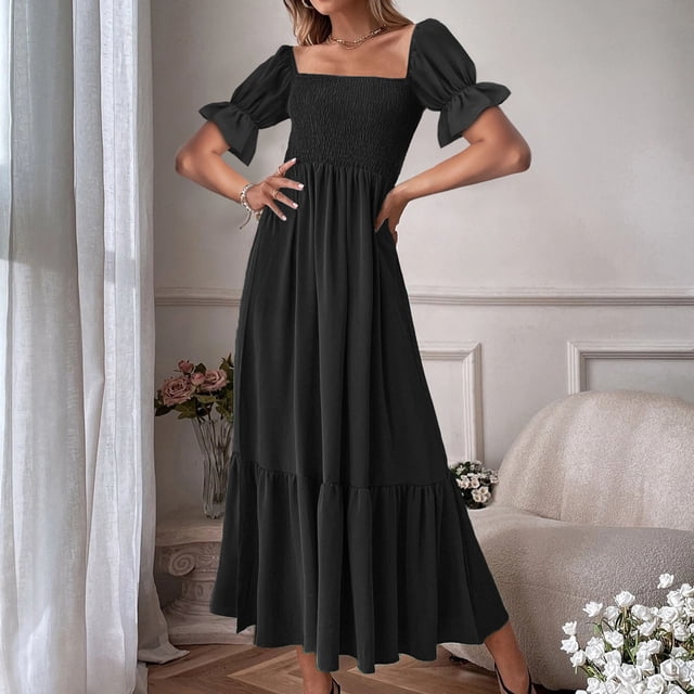 Mefallenssiah Mode Décontractée Été Col Carré Manches Courtes Robe Longue pour Femmes