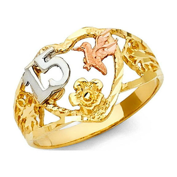 Solid 14k Yellow White Rose Gold Quinceanera 15 Heart & Dove Ring Quince Band Fancy 11MM, Size 5