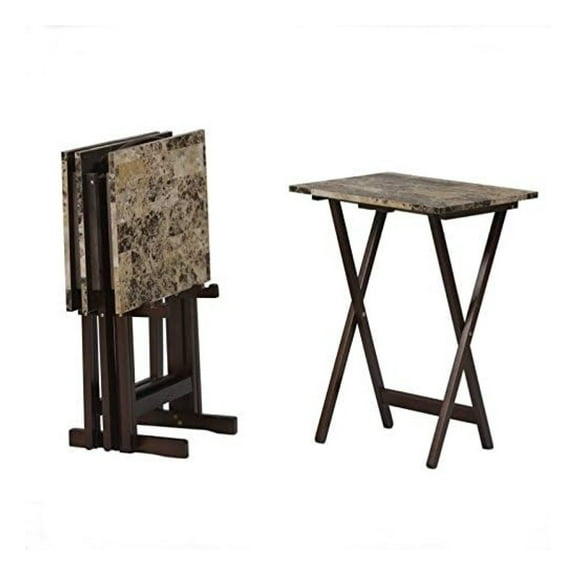 Drevy 5 Piece Set Faux Marble TV Tray Table Stand in Brown, 4 Tray Tables & 1 Stand