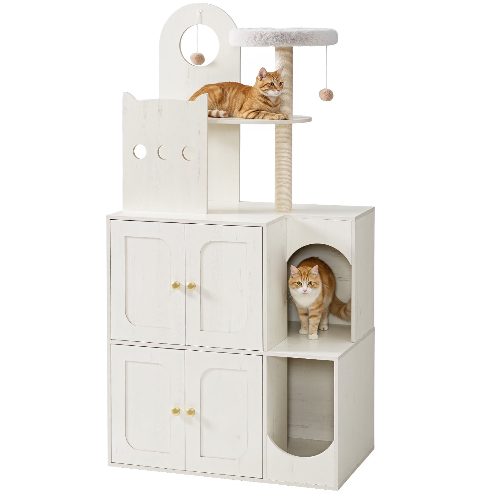 Cat Tree with Litter Box Enclosure, Hidden Double Cat Litter Box Enclosure Furniture, Modern Cat Tree with 2 Dangling Balls and 2 Sisal Scratching Posts for 2 Cats, White WH27MZ03