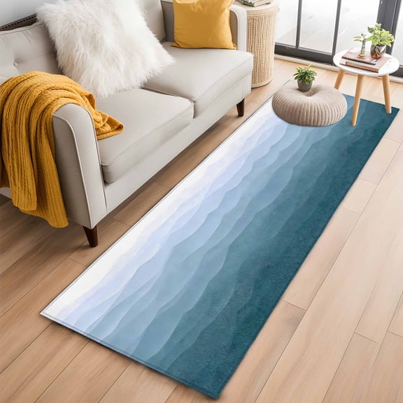 Kitchen Runner 2 x 6 Ft, Blue Coastal Wave Non-Slip Residential Carpet, Summer Ocean Nautical Beach Ombre Indoor Crawling Mats Runner Rugs for Living Room/Dining Room/Bedroom