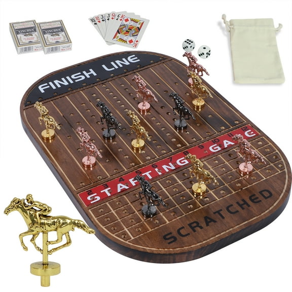 Horse Race Board Game Racing Game Thickened Solid Wood with 11 Luxurious Durable Classic Metal Horses with 4 Dice and 2 Boxes of Cards Horse Racing Game (Flame Color, Oval)