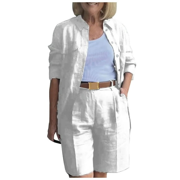Fgnfyis Womens Cardigan Shirt Top Summer Solid Color Casual Shorts Two Piece Short Sets for Women Short Sets White S
