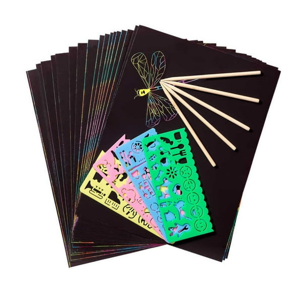 TFixolScratch Paper Art Set Rainbow Magic Scratch Paper 50 PCS for Kids Black Scratch it Off Art Crafts Kits Notes Boards with 5 Wooden Stylus 4PCS Drawing Stencils for Girl Boy Easter Party Game