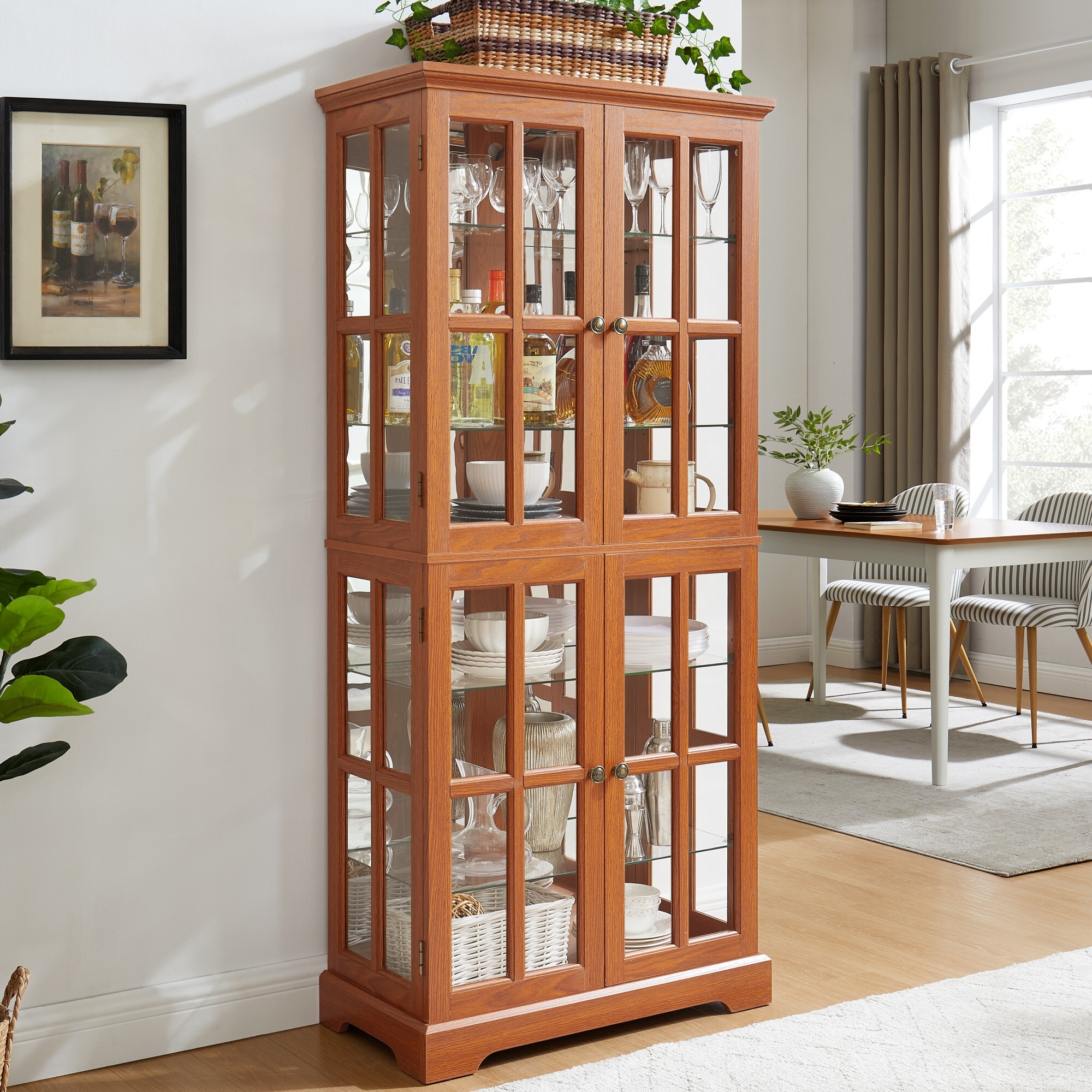 AENKYO Antique Glass Display Case with E26 Bulb & Adjustable Shelves - Elegant Curio Cabinet for Living Room, Dark Oak