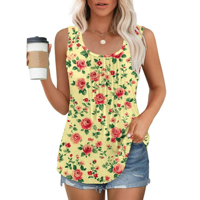 Brnmxoke Womens Plus Size Tank Tops Summer Sleeveless Shirts Floral Printed Round Neck Tunics Flowy Classic Basic Tees Blouse Multicolor,XL