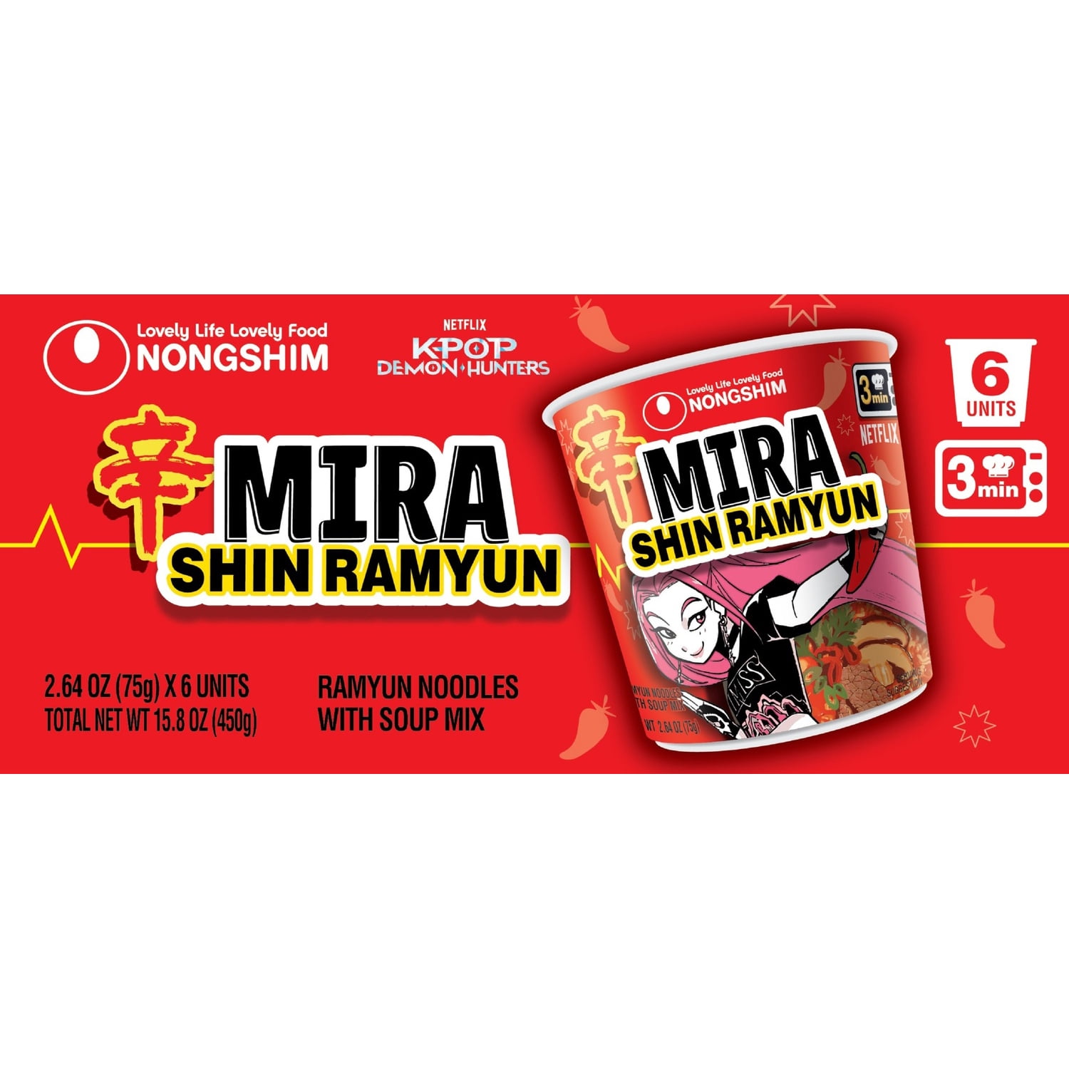 Nongshim K-Pop Demon Hunters Mira Shin Ramyun Spicy Beef Ramen Noodle Soup Cup, 2.64oz X 1 Count, Shelf-Stable