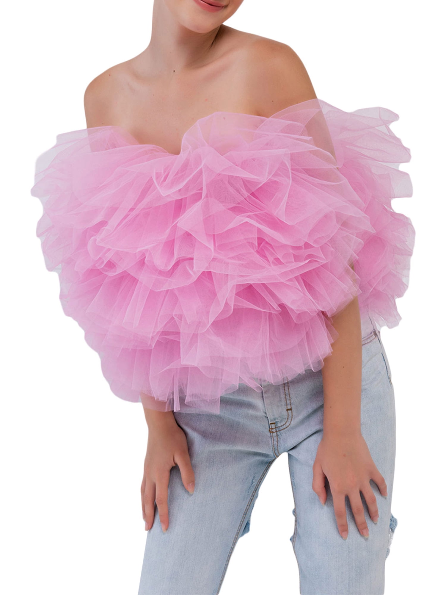 Romantic Pastel Baby Pink Tulle Tube Crop Top off Shoulder Puff