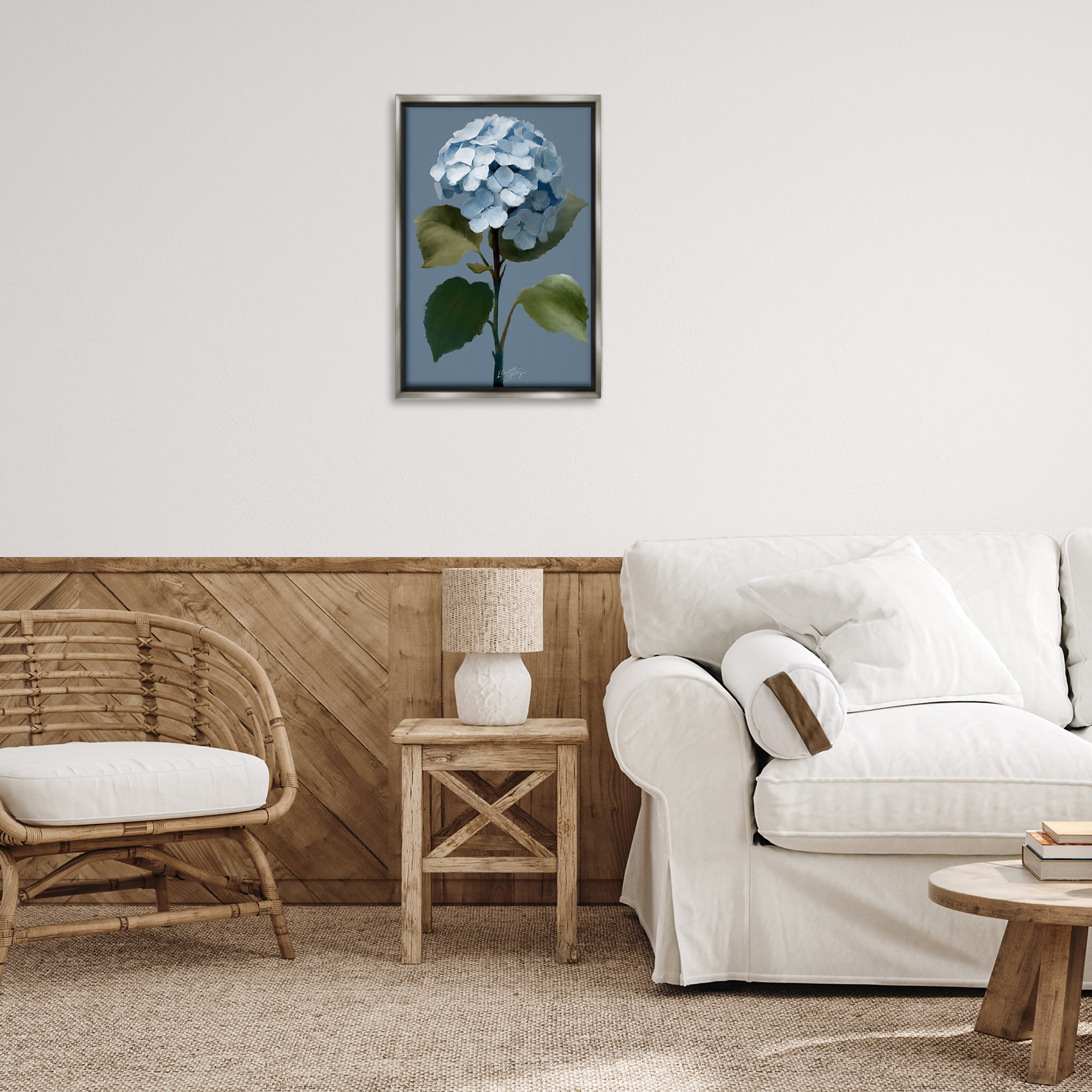 Stupell Industries Delicate Blue Hydrangea Plants & Flowers Painting Gray Floater Framed Canvas Art Print Wall Art, 17 x 25