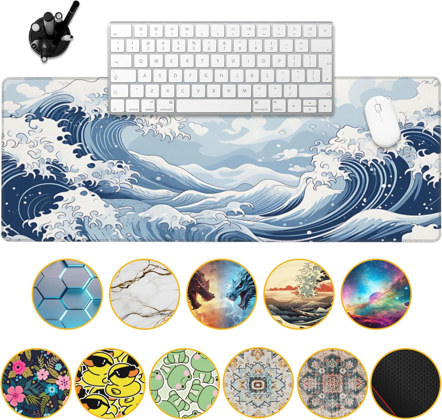 Mountain Gaming Mouse Pad,Japanese Blue and White Sea Wave Desk Mat,31.5"X15.7" Large Desk Pad with Stitched Edge Non-Slip Base Keyboard Big Mouse Pad for Office Home Work Gaming