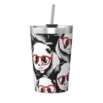 PAYOHTO Black White Little Panda Insulated Stainless Steel Tumbler 12 oz Thermos Come with Straw Kids Leak-Proof Travel Mug Cup
