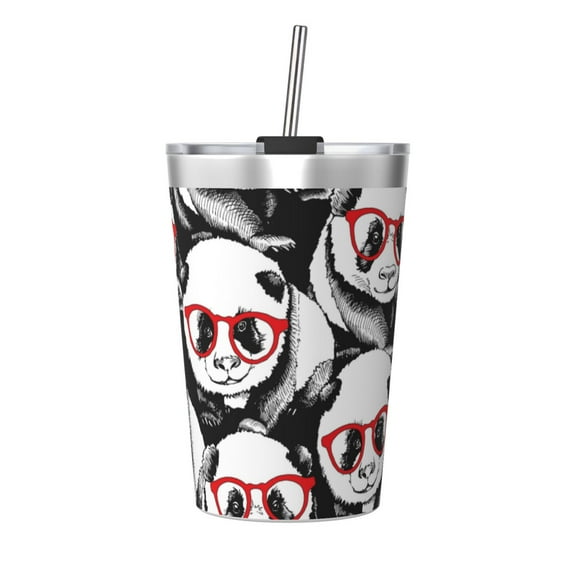 PAYOHTO Black White Little Panda Insulated Stainless Steel Tumbler 12 oz Thermos Come with Straw Kids Leak-Proof Travel Mug Cup