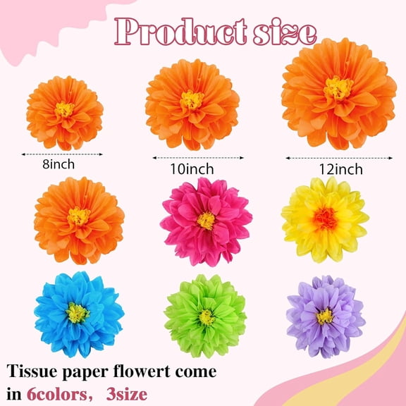 OTGFRF-18 Pcs Mexican Paper Flowers Colorful Fiesta Tissue Paper Flowers Pom Poms Mexican Carnival for Floral Party Backdrop Wedding Birthday Party Craft, 6" 8" 10"(Bright Color)