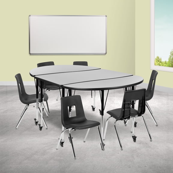 Emma Oliver Mobile 76" Oval Wave Activity Table Set-16" Student Stack Chairs, Grey/Black