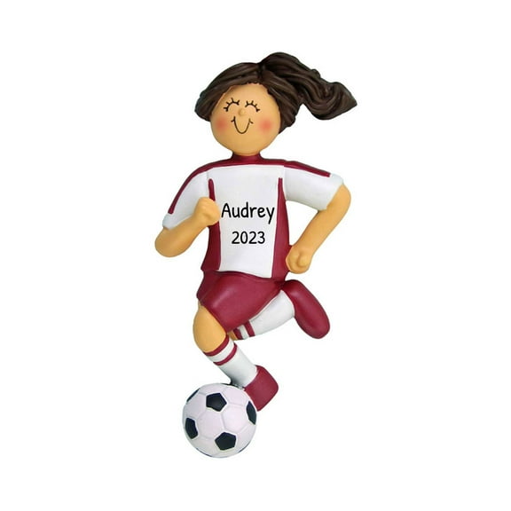 Ornaments by Elves Personalized Brunette Female Soccer Player in Red Uniform Ornament 2024 .25lbs