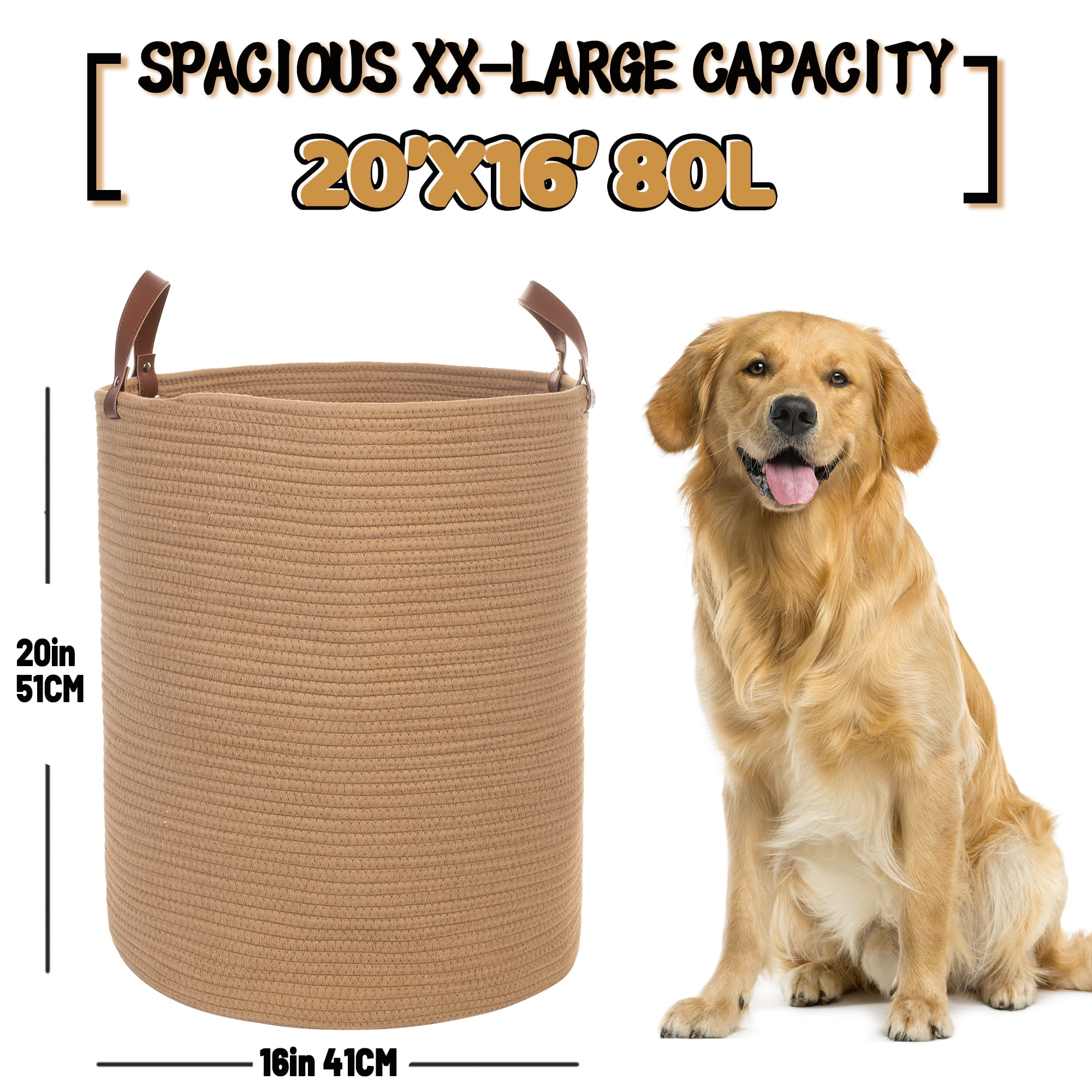 Caroeas XXXL Extra Large Rope Basket, 16''x20'' Woven Storage Basket with Leather Handles, Blanket Basket for Living Room, Tall Nursery Basket, Storage Organizer, Brown