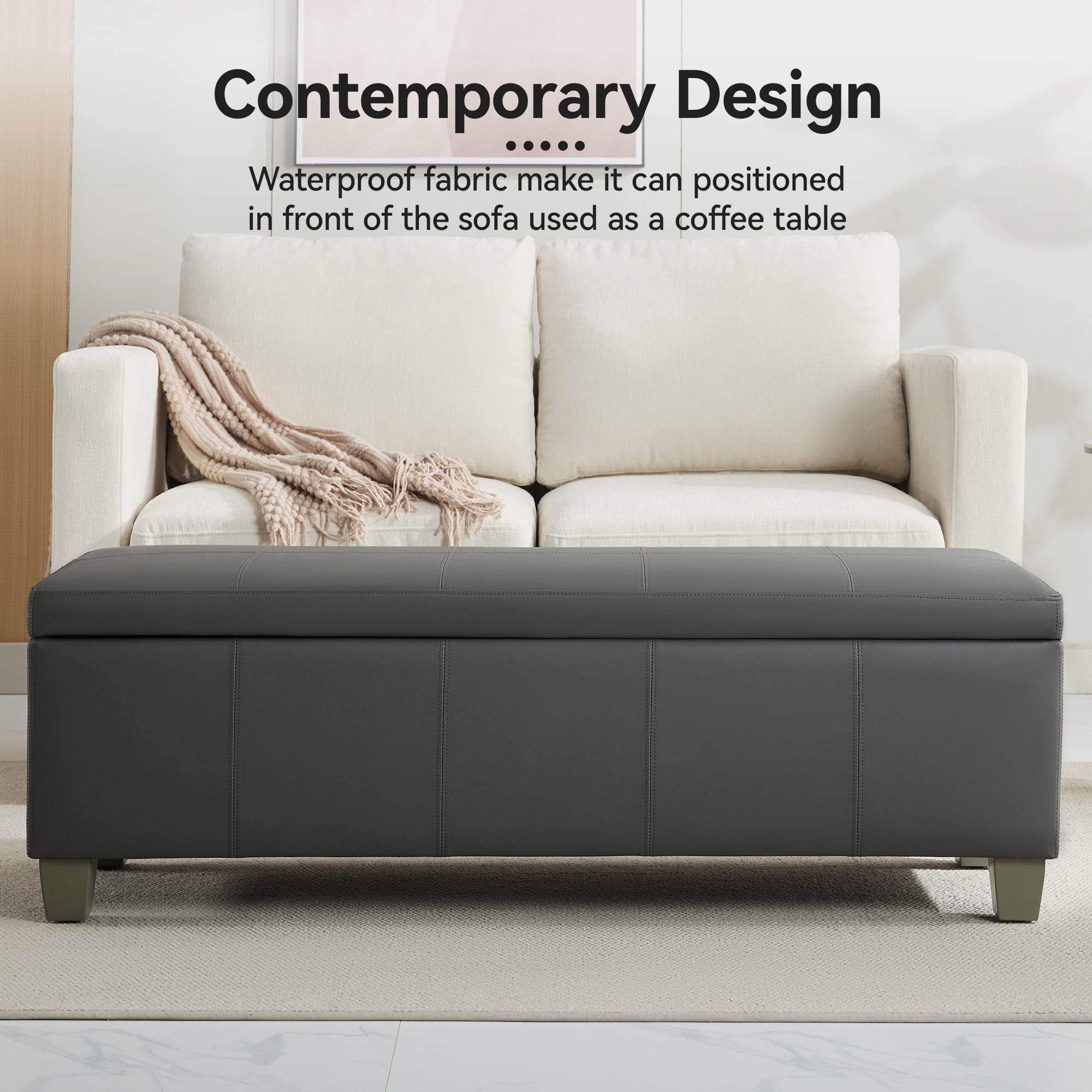51" Faux Leather Storage Ottoman Bench with Wooden Legs, Tufted Upholstered Seat, Sturdy & Spacious for Bedroom, Entryway, Living Room, Dark Gray