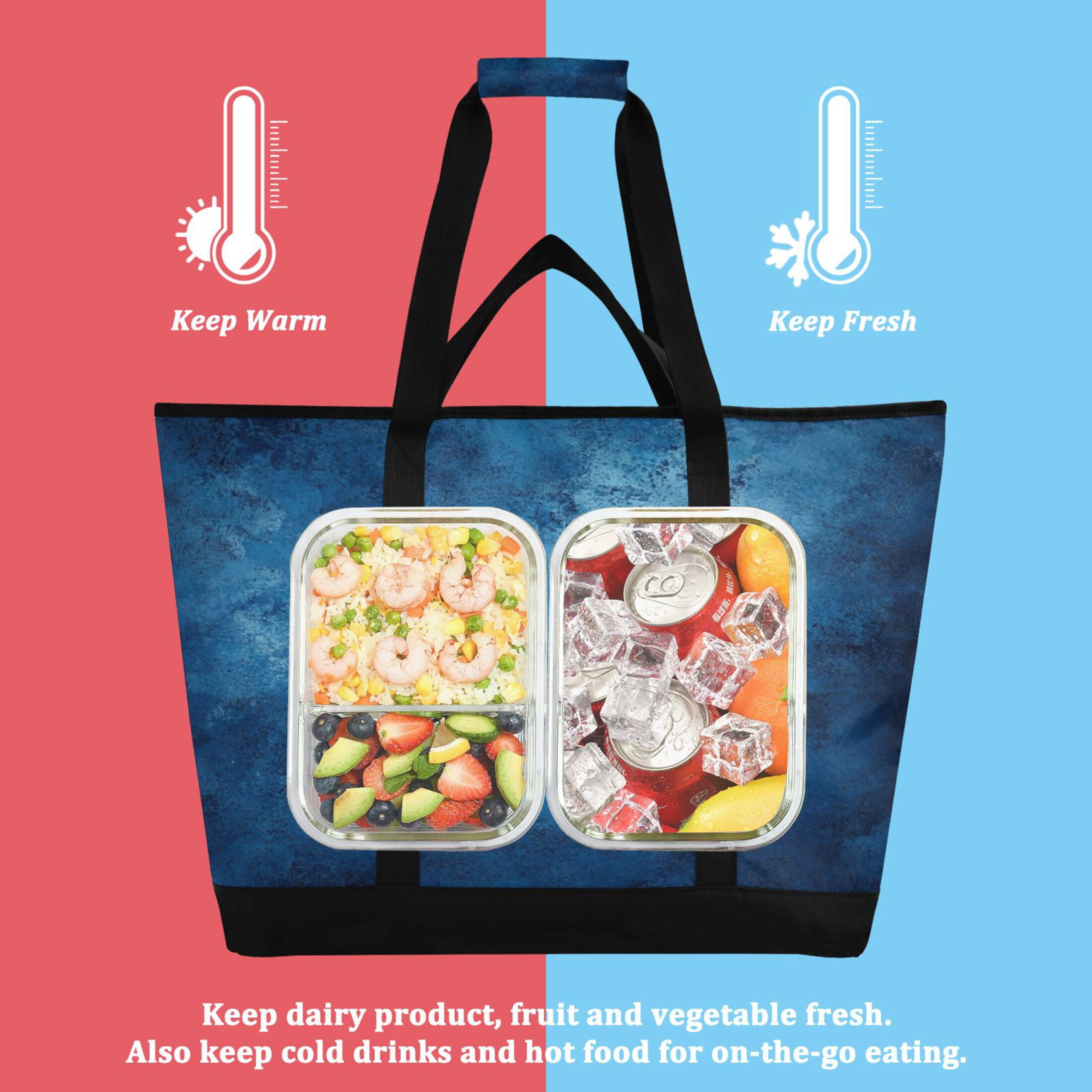 Large Hand-held Ice Pack Picnic Bag Insulation and Refrigeration Suitable for Shopping Picnics and Camping Blue Pattern